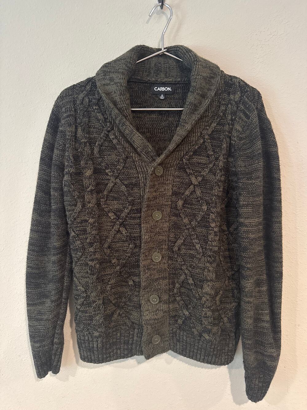 Carbon Men’s S Dark Green/Black Cable Knit Shawl Collar Button Cardigan Sweater